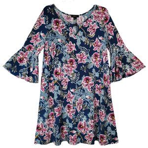 Espresso Womens NWT L Dress Keyhole Neck 3/4 Bell Sleeve Shift Floral Blue Pink